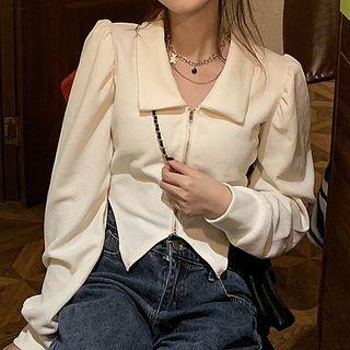 Long-sleeve Collared Asymmetrical Zip-up Crop Top White - One Size