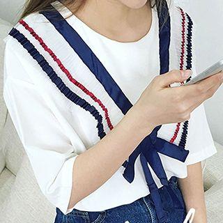 Chevron Elbow-sleeve Chiffon Top