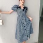 Short-sleeve Print Bow Button-up Midi Dress