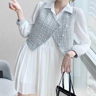 Set: Long-sleeve Pleated A-line Dress + Vest