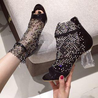 Block Heel Back Zip Mesh Sandals