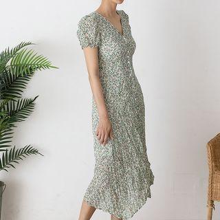 Button-up Floral Crinkled Long Dress