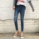Elastic Distressed Slim-fit Cropped Jeans