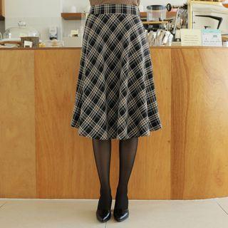 Zip-side Flared Midi Plaid Skirt