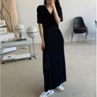 Short-sleeve Tie-waist Plain Dress Black - One Size