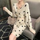 V-neck Dotted A-line Knit Dress Off-white - One Size