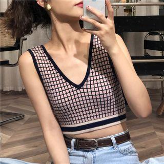Sleeveless Cropped Checker Knit Top As Shown In Figure - One Size