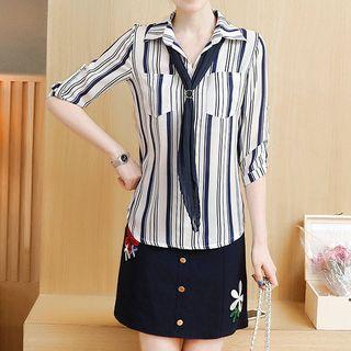 Set: Striped 3/4 Sleeve Chiffon Shirt + Embroidered A-line Skirt