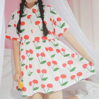Cherry Print Short Sleeve Shirt Dress