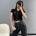 Butterfly-embroidered Button-down Crop Top