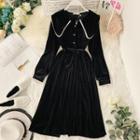 Long-sleeve Embellished Midi A-line Velvet Dress Black - One Size