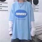 Mock Two-piece Lettering Long-sleeve T-shirt Sky Blue - One Size