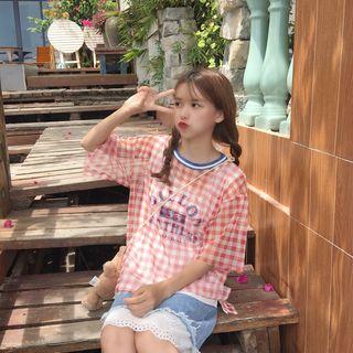 Set : Plaid Elbow-sleeve T-shirt + Tank Top