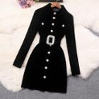 Faux Pearl Button Velvet Dress With Belt