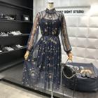 Set: Plain Slipdress + Embroidered Long-sleeve Mesh Dress