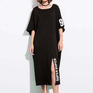 Lettering Side-slit Elbow-sleeve T-shirt Dress