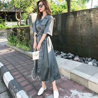 Tie Waist Elbow-sleeve Midi Dress