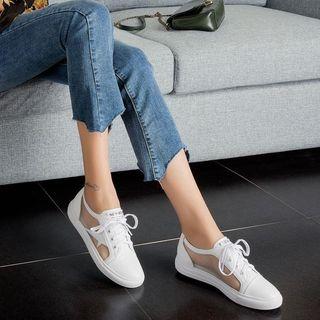 Genuine Leather Mesh Panel Lace-up Sneakers