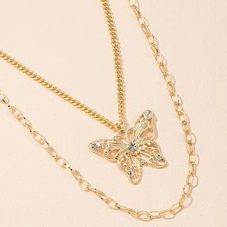 Butterfly Rhinestone Pendant Layered Alloy Necklace Gold - One Size