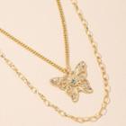 Butterfly Rhinestone Pendant Layered Alloy Necklace Gold - One Size