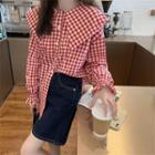 Long-sleeve Wide-collar Gingham Blouse Red & White - One Size