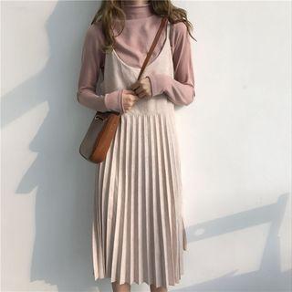 Long-sleeve Mock-neck T-shirt / Midi Accordion Pleated Pinafore Dress