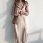 Long-sleeve Mock-neck T-shirt / Midi Accordion Pleated Pinafore Dress