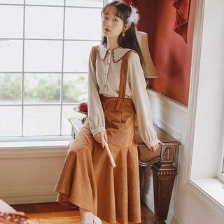 Set: Long-sleeve Collared Blouse + Corduroy Suspender Skirt