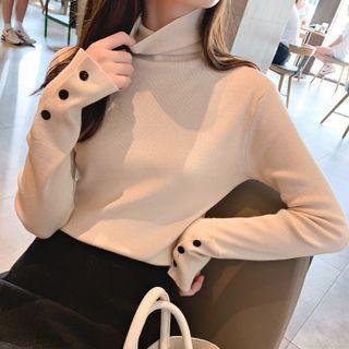 High-neck Long-sleeve Plain Button Knit Top