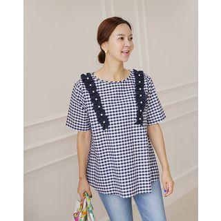 Faux-pearl Frilled-trim Gingham Top