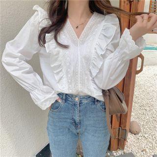 Long-sleeve V-neck Lace Panel Ruffled Top