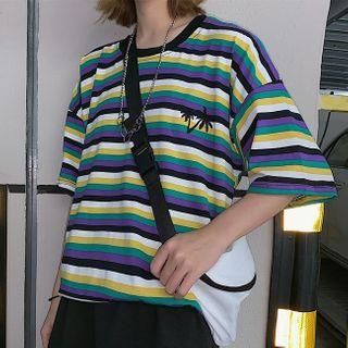 Elbow-sleeve Embroidered Striped T-shirt Purple - One Size