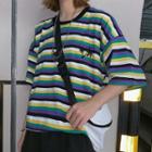 Elbow-sleeve Embroidered Striped T-shirt Purple - One Size