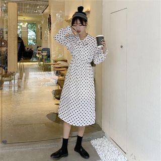 Long-sleeve Tie-neck Polka Dot Dress