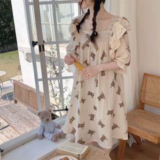 Elbow-sleeve Bear Print Midi Sleep Dress Bear Print - Almond - One Size