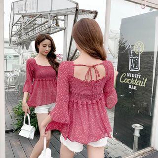 Elbow-sleeve Pattered Frill Trim Chiffon Top