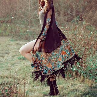 Flower Embroidered Fringe Hem Long Chiffon Coat