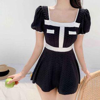 Puff-sleeve Contrast Trim Swim Dress / Swimsuit / Swim Top / Bottom / Set