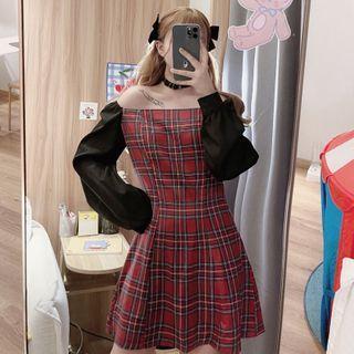Puff-sleeve Plaid A-line Dress Plaid - Red - One Size
