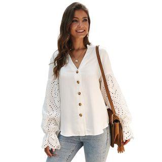 V Neck Lace Sleeve Blouse