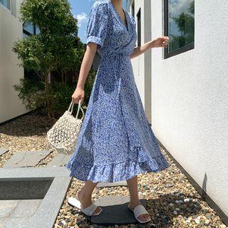 Frill-hem Long Floral Wrap Dress