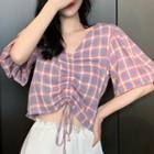 Short-sleeve Plaid Drawstring Blouse