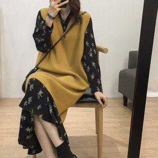 Long-sleeve Floral Print A-line Midi Dress / Long Knit Vest / Set