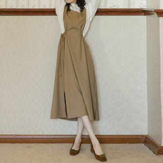 Set: Long-sleeve Blouse + Drawstring-side Midi Pinafore Dress