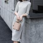 Elbow-sleeve Knit Qipao Dress