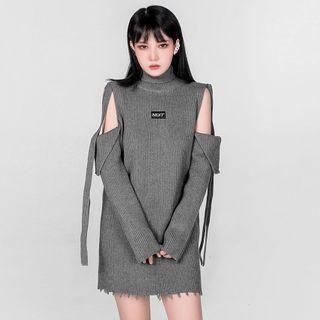 Long-sleeve Cold Shoulder Turtleneck Knit Dress