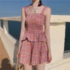 Set: Plaid Sleeveless Top + Wide-leg Shorts As Shown In Figure - One Size