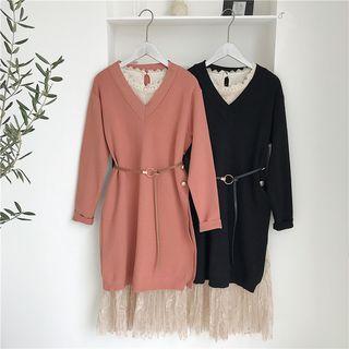 Set: Lace Dress + Plain V-neck Knit Dress
