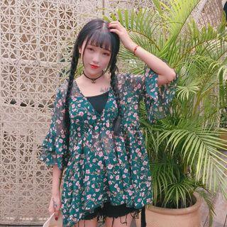 Ruffle Floral Chiffon Top With Bandeau
