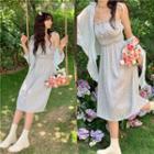 Plain Loose-fit Cardigan / Sleeveless Floral A-line Dress